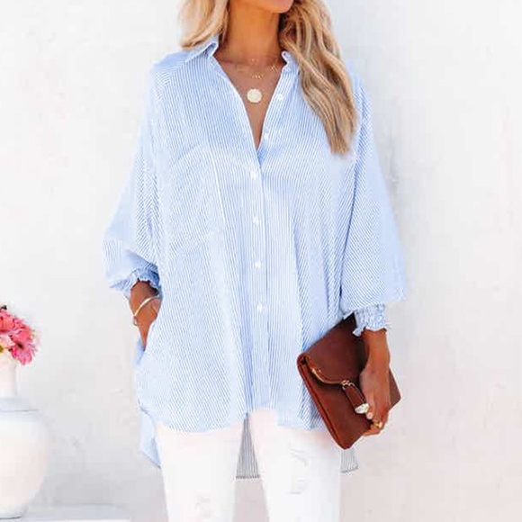 Sky Blue‎ Smocked Cuffed Striped Boyfriend Shirt with Pockets - Picture 1 of 5